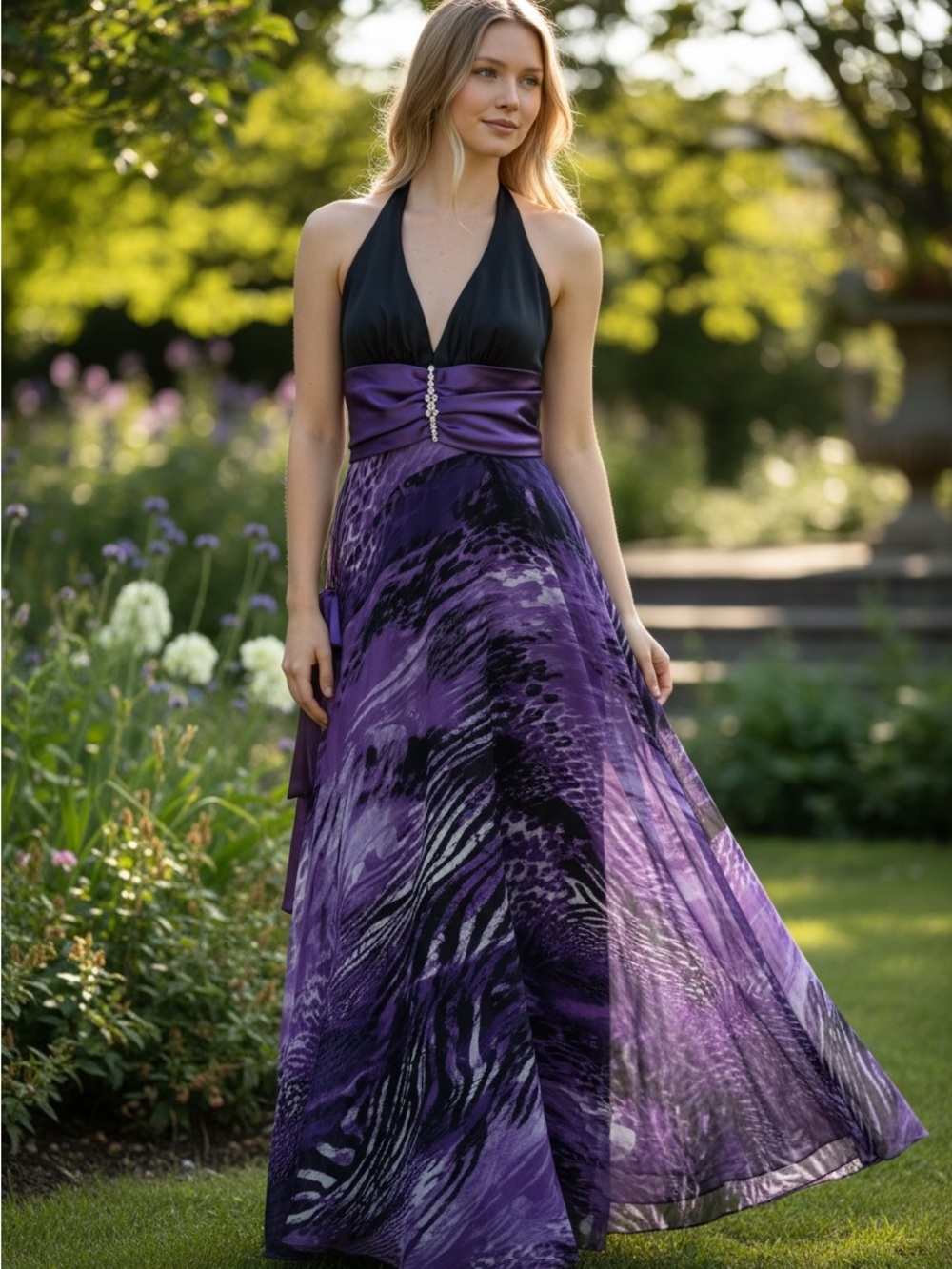 Floor length Elegant Purple Halter Dress